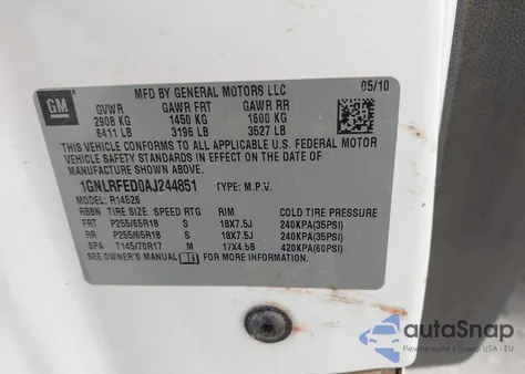 2010 Chevrolet Traverse Lt z USA, uszkodzony, nr VIN 1GNLRFED0AJ244851